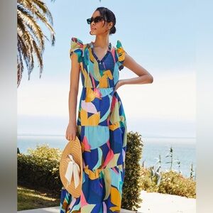 Sugarlips Gia Abstract Sunfire Smocked Bodice Tiered Midi Dress